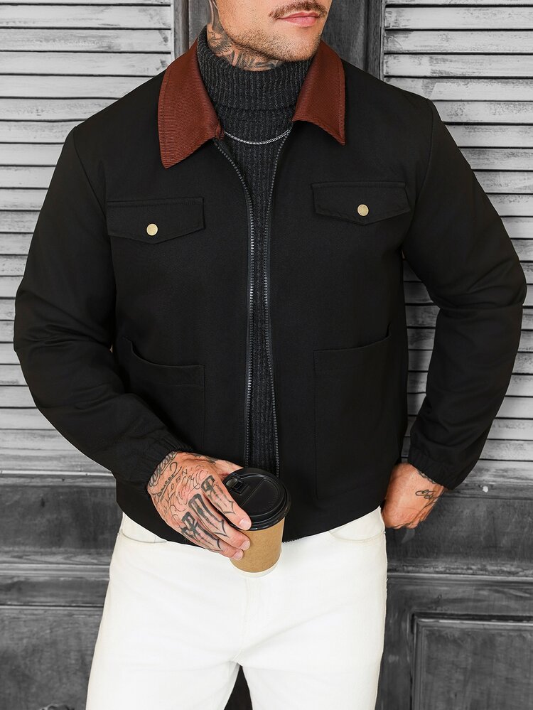 Manfinity CasualCool Men's Colorblock Zipper Casual Versatile Daily Travel Long Sleeve Jacket - Black - View 3