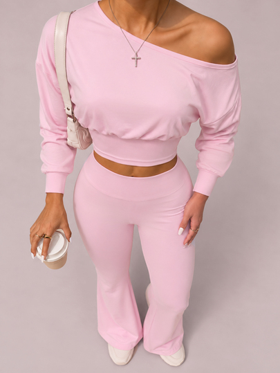 SHEIN Sovereign Charm 2pcs Women's Autumn/Winter Sports Set, Off-Shoulder Long Sleeve Front Ruched Sports Top And Regular Waist Flare Leg Sports Pants, Fashionable Versatile Suitable For Daily Casual, Running, Yoga, Gym, Tennis, Golf, Cycling