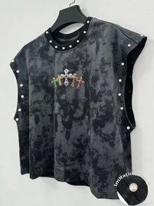 Manfinity Roghcode Men's Fashion Cross Print Faux Pearl Vest - Black - View 2
