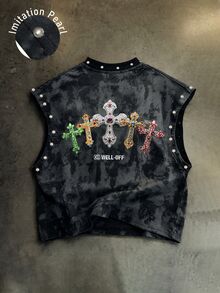 Manfinity Roghcode Men's Fashion Cross Print Faux Pearl Vest - Black - View 3