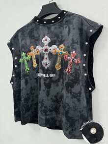 Manfinity Roghcode Men's Fashion Cross Print Faux Pearl Vest - Black - View 1