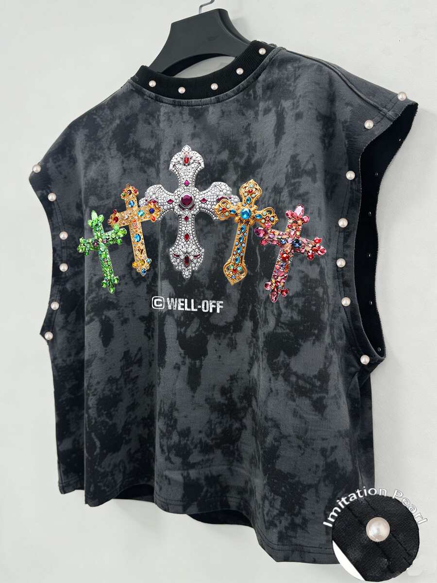 Manfinity Roghcode Men's Fashion Cross Print Faux Pearl Vest - Black - View 1