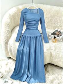 GlowEve Women's Fashion Asymmetrical Neckline Ruched Denim Dress - Blue - View 6