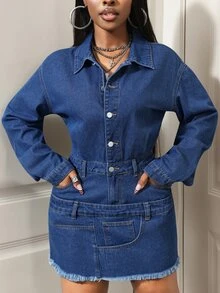 Slaydiva Festival Size Denim Women's Blue Non-Stretch Long Sleeve Dress - Dark Wash - View 9