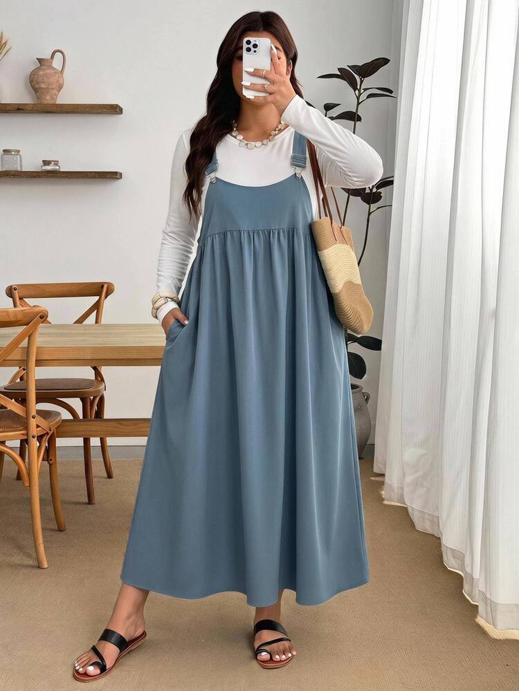 Enliva Plus Size Loose Black Cami Dress, Fall Clothes For Women , Autumn Outfit , Country Dress - Blue - View 3