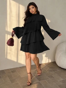 Auralis Plus Size Women Solid Color Casual Daily Summer Dress Fall - Black - View 8