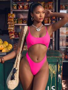 SHEIN Swim 女士性感玫红色镂空露背细肩带巴西风连体泳衣，夏季海滩度假 - 玫紅色 - 查看 1