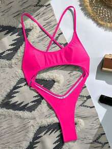 SHEIN Swim 女士性感玫红色镂空露背细肩带巴西风连体泳衣，夏季海滩度假 - 玫紅色 - 查看 5