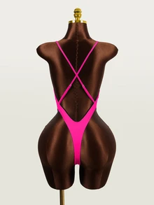 SHEIN Swim 女士性感玫红色镂空露背细肩带巴西风连体泳衣，夏季海滩度假 - 玫紅色 - 查看 2
