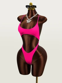 SHEIN Swim 女士性感玫红色镂空露背细肩带巴西风连体泳衣，夏季海滩度假 - 玫紅色 - 查看 4