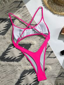 SHEIN Swim 女士性感玫红色镂空露背细肩带巴西风连体泳衣，夏季海滩度假 - 玫紅色 - 查看 6