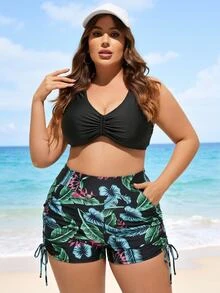 SHEIN Swim Curve Plus Size High Waist Casual Elegant Modern Tropical Ruched Summer Comfortable Swimwear Bottom With Pockets Beach Vacation Vacation Black Leopard Print - Black - View 3