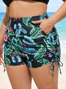SHEIN Swim Curve Plus Size High Waist Casual Elegant Modern Tropical Ruched Summer Comfortable Swimwear Bottom With Pockets Beach Vacation Vacation Black Leopard Print - Black - View 5