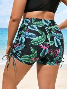 SHEIN Swim Curve Plus Size High Waist Casual Elegant Modern Tropical Ruched Summer Comfortable Swimwear Bottom With Pockets Beach Vacation Vacation Black Leopard Print - Black - View 2