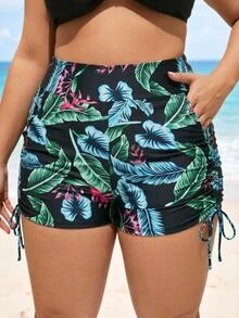 SHEIN Swim Curve Plus Size High Waist Casual Elegant Modern Tropical Ruched Summer Comfortable Swimwear Bottom With Pockets Beach Vacation Vacation Black Leopard Print - Black - View 4