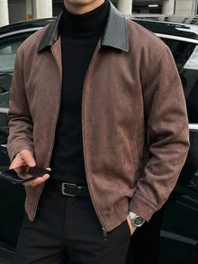 DAZY Autumn/Winter Solid Brown Suede Fleece Patchwork Collar Textured PU Fabric Men's Jacket And Coat - Rust Brown - View 8