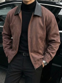 DAZY Autumn/Winter Solid Brown Suede Fleece Patchwork Collar Textured PU Fabric Men's Jacket And Coat - Rust Brown - View 3