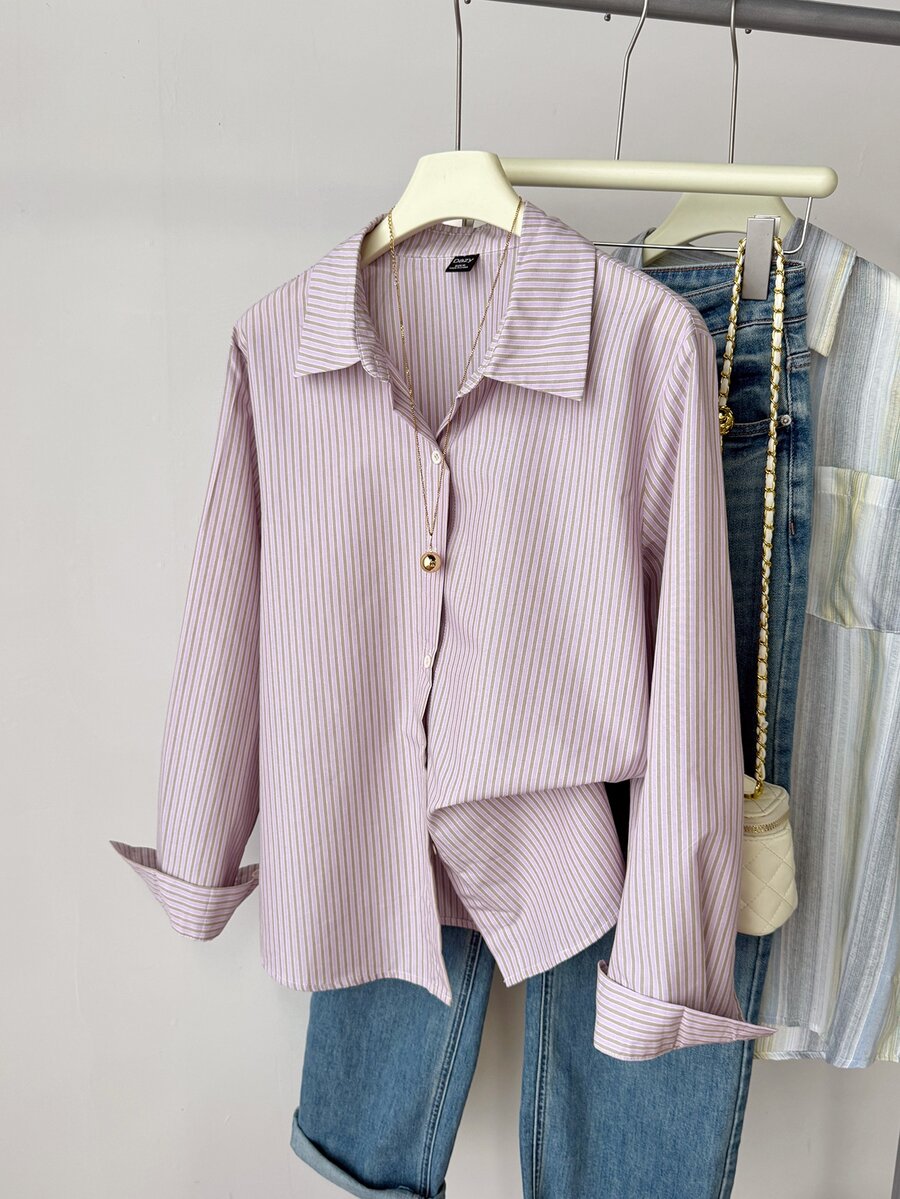 Dazy Kids Tween Girl) Striped Casual Collared Long Sleeve Autumn/Winter Basic Loose Shirt - Purple - View 1