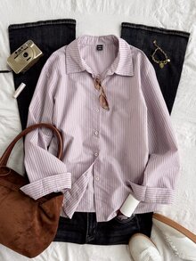 Dazy Kids Tween Girl) Striped Casual Collared Long Sleeve Autumn/Winter Basic Loose Shirt - Purple - View 3