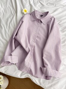 Dazy Kids Tween Girl) Striped Casual Collared Long Sleeve Autumn/Winter Basic Loose Shirt - Purple - View 8