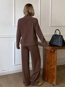 DAZY Autumn/Winter High Neck Coffee Color Solid Knit Loose Lazy Casual Home Wear Matching Wide Leg Pants Women's Sweater 2 Pieces Set - Brown - View 2