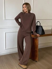 DAZY Autumn/Winter High Neck Coffee Color Solid Knit Loose Lazy Casual Home Wear Matching Wide Leg Pants Women's Sweater 2 Pieces Set - Brown - View 5