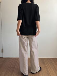 DAZY 2pcs/Set Women's Loose Short Sleeve T-Shirt With English Print And Striped Straight Leg Long Pajama Pants - Black - View 2