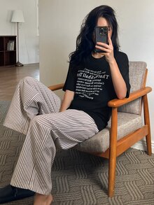 DAZY 2pcs/Set Women's Loose Short Sleeve T-Shirt With English Print And Striped Straight Leg Long Pajama Pants - Black - View 1