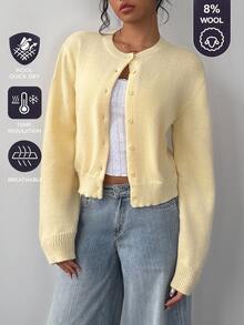SHEIN BASICS كارديجان نسائي أصفر بأسلوب كاجوال متعدد الاستخدامات بأزرار وأكمام طويلة من الصوف المحبوك للخريف/الشتاء - أوزة صفراء - مشاهدة 2