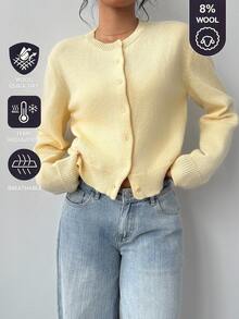 SHEIN BASICS كارديجان نسائي أصفر بأسلوب كاجوال متعدد الاستخدامات بأزرار وأكمام طويلة من الصوف المحبوك للخريف/الشتاء - أوزة صفراء - مشاهدة 3