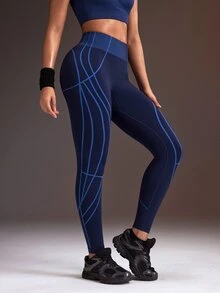 Powerista Women's Navy Blue + Light Blue Line Decor Seamless Tight Fitting 9/10 Length Leggings - Navy Blue - View 2