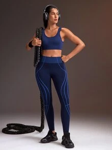 Powerista Women's Navy Blue + Light Blue Line Decor Seamless Tight Fitting 9/10 Length Leggings - Navy Blue - View 7
