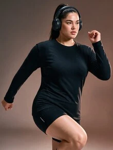 Powerista Women's Plus Size Long Sleeve Crew Neck Top And Shorts Sports Set - Black - View 1