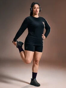 Powerista Women's Plus Size Long Sleeve Crew Neck Top And Shorts Sports Set - Black - View 6
