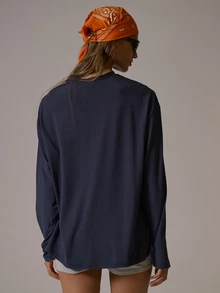 Musera Sport Silver Logo Long Sleeve Oversized Loose Fit Top Fall Autumn Winter Gym Active Pilates Motion - Navy Blue - View 5