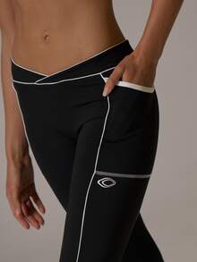 Musera Sport V Dipped Waist Contrast Colour Piped Fitted Flare Coord Legging Fall Autumn Winter Gym Active Pilates Motion - Black - View 3