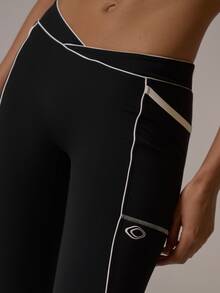 Musera Sport V Dipped Waist Contrast Colour Piped Fitted Flare Coord Legging Fall Autumn Winter Gym Active Pilates Motion - Black - View 6