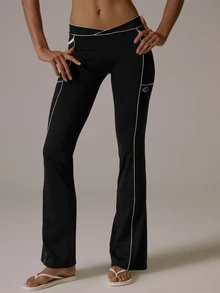 Musera Sport V Dipped Waist Contrast Colour Piped Fitted Flare Coord Legging Fall Autumn Winter Gym Active Pilates Motion - Black - View 1