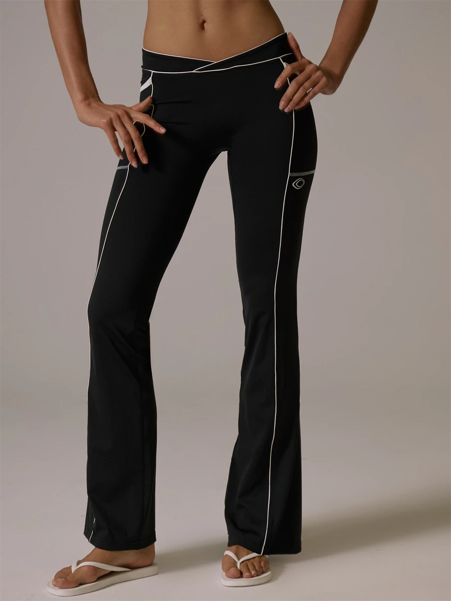 Musera Sport V Dipped Waist Contrast Colour Piped Fitted Flare Coord Legging Fall Autumn Winter Gym Active Pilates Motion - Black - View 1