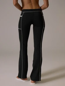 Musera Sport V Dipped Waist Contrast Colour Piped Fitted Flare Coord Legging Fall Autumn Winter Gym Active Pilates Motion - Black - View 5