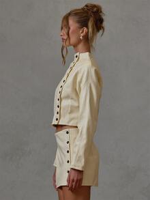 MUSERA Textured Faux Leather Asymmetric Button Up Funnel Neck Jacket Fall Winter Everyday Causal Going Out Cool Girl Festival Forces - Cream - View 3