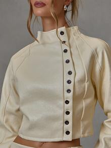 MUSERA Textured Faux Leather Asymmetric Button Up Funnel Neck Jacket Fall Winter Everyday Causal Going Out Cool Girl Festival Forces - Cream - View 5