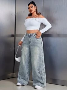 Rivivi Plus Size Women Casual Bowknot Frayed Pattern Washed Loose Wide Leg Denim Jeans - Dusty Blue - View 3