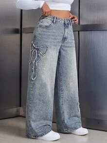 Rivivi Plus Size Women Casual Bowknot Frayed Pattern Washed Loose Wide Leg Denim Jeans - Dusty Blue - View 6