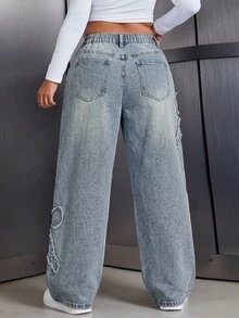 Rivivi Plus Size Women Casual Bowknot Frayed Pattern Washed Loose Wide Leg Denim Jeans - Dusty Blue - View 2