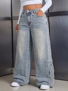 Rivivi Plus Size Women Casual Bowknot Frayed Pattern Washed Loose Wide Leg Denim Jeans - Dusty Blue - View 4