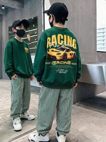 SHEIN 2件組兒童青少年男孩寬鬆運動休閒舒適長袖運動衫與長褲套裝，經典酷炫賽車圖案印花，帥氣文字圖案印花，適合秋冬、家庭聚會、開學、運動、玩耍、生日派對、拍照、度假、假日、聖誕節 - 綠色 - 查看 5
