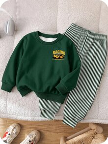 SHEIN 2件組兒童青少年男孩寬鬆運動休閒舒適長袖運動衫與長褲套裝，經典酷炫賽車圖案印花，帥氣文字圖案印花，適合秋冬、家庭聚會、開學、運動、玩耍、生日派對、拍照、度假、假日、聖誕節 - 綠色 - 查看 2