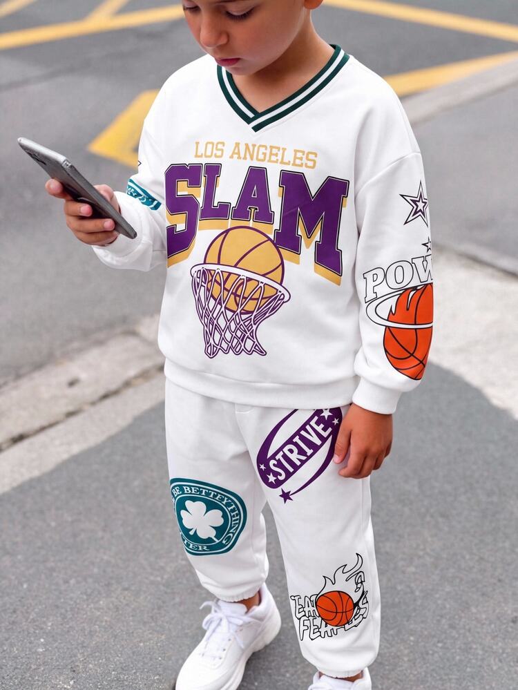 SHEIN 2pcs Kids Tween Boy Casual Comfortable V-Neck Loose Crew Neck White Sweatshirt & Sweatpants Set, Basic Top, Boys Outfit Kids Set, Suitable For Fall/Winter, School, Back To School, Sports, Winter Outfit - Multicolor - View 3
