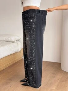 SHEIN PETITE CURVE 大尺碼時尚水鑽鈕扣口袋寬鬆牛仔褲 - 黑色 - 查看 6